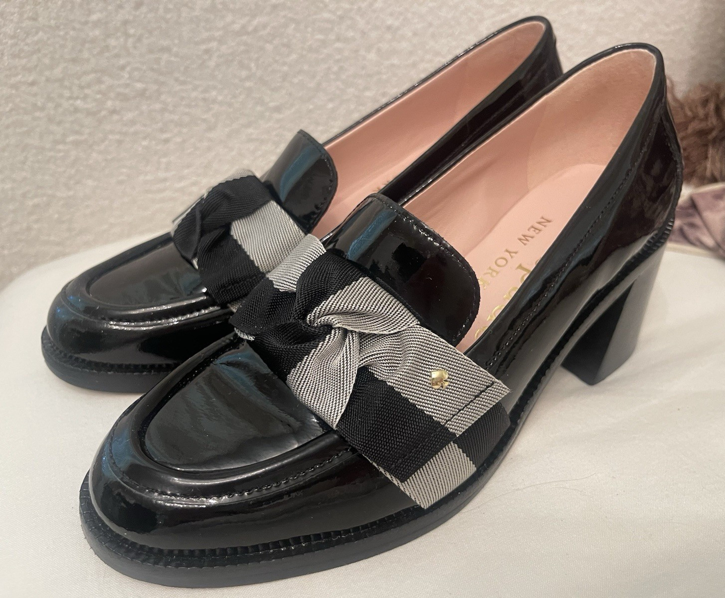 Kate Spade New York Black/Gray Patent Leather Plaid Bow Loafers Women’s 6.5 B