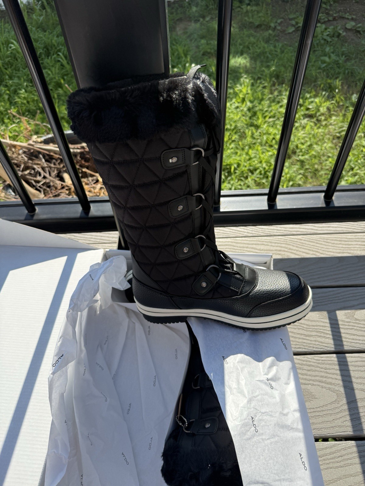 ALDO Castellanos Women’s Knee High Winter Boots Black Quilted Faux Fur Buckle