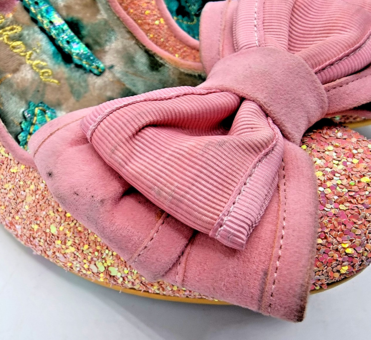 IRREGULAR CHOICE Ban Joe Women’s 39 Pink Bow Giltter Mid Heel Prom Formal Shoes