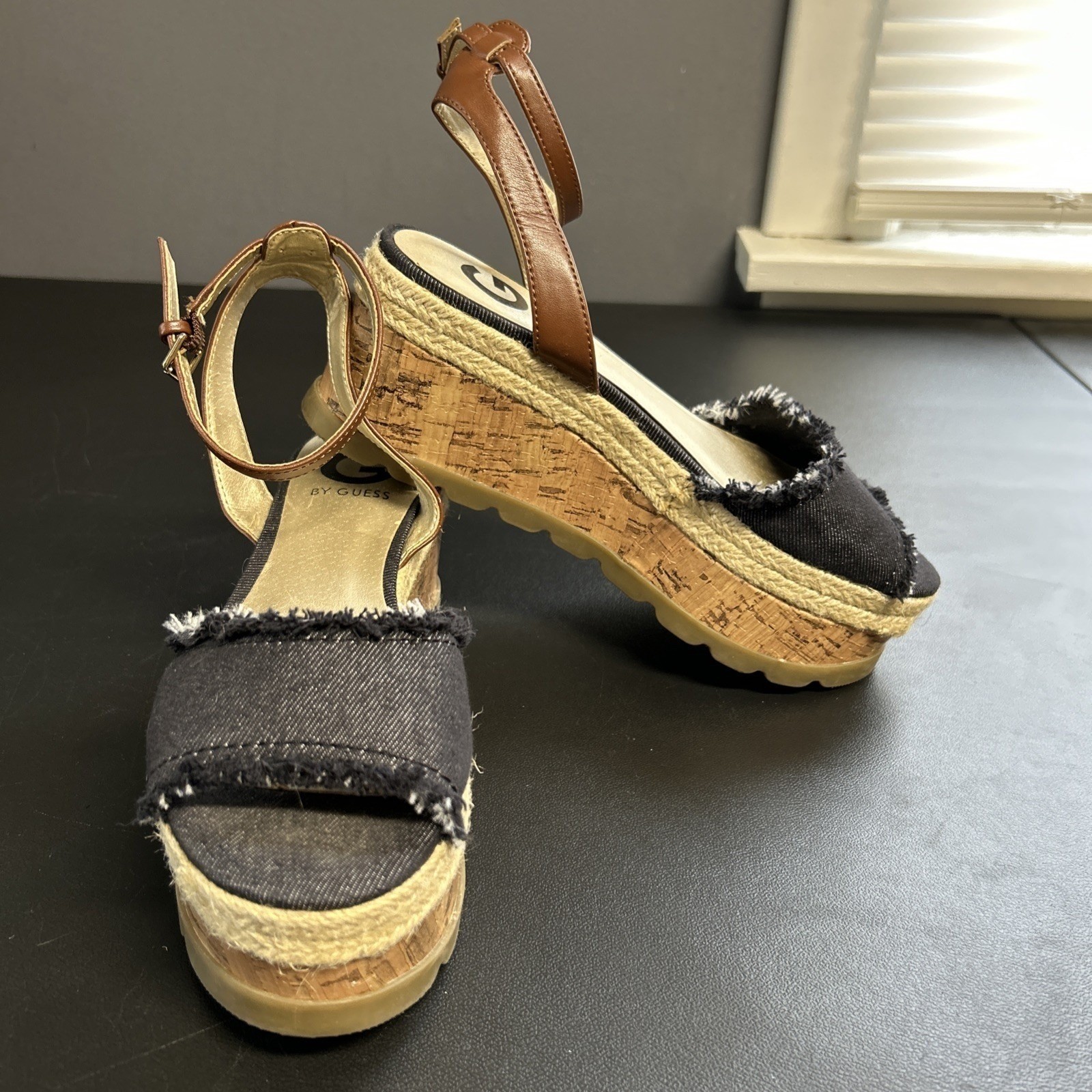 GGBAKER Women’s 7 Guess Denim Platform Espadrille Cork Sandals Ankle Strap Boho