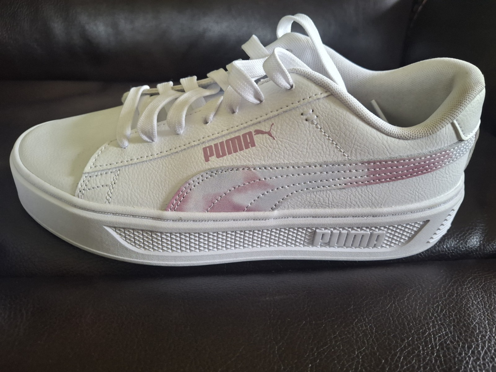 PUMA Shoes Women’s size 9 Smash Platform v3 Sneakers White Lilac Chiffon Lace Up