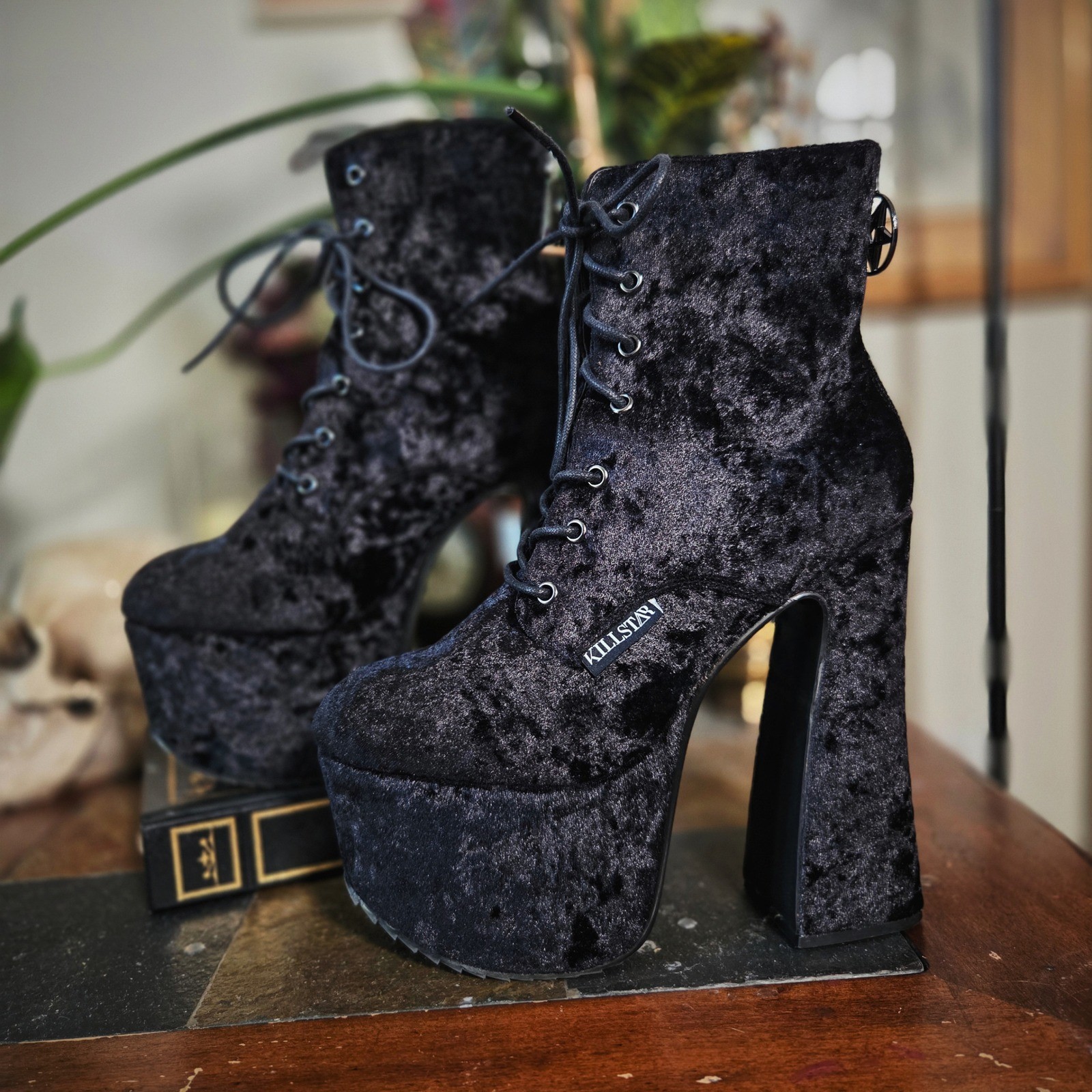 Killstar Hell-O Boots Black Crushed Velvet Rare Platform Pentagram Lace Goth 9