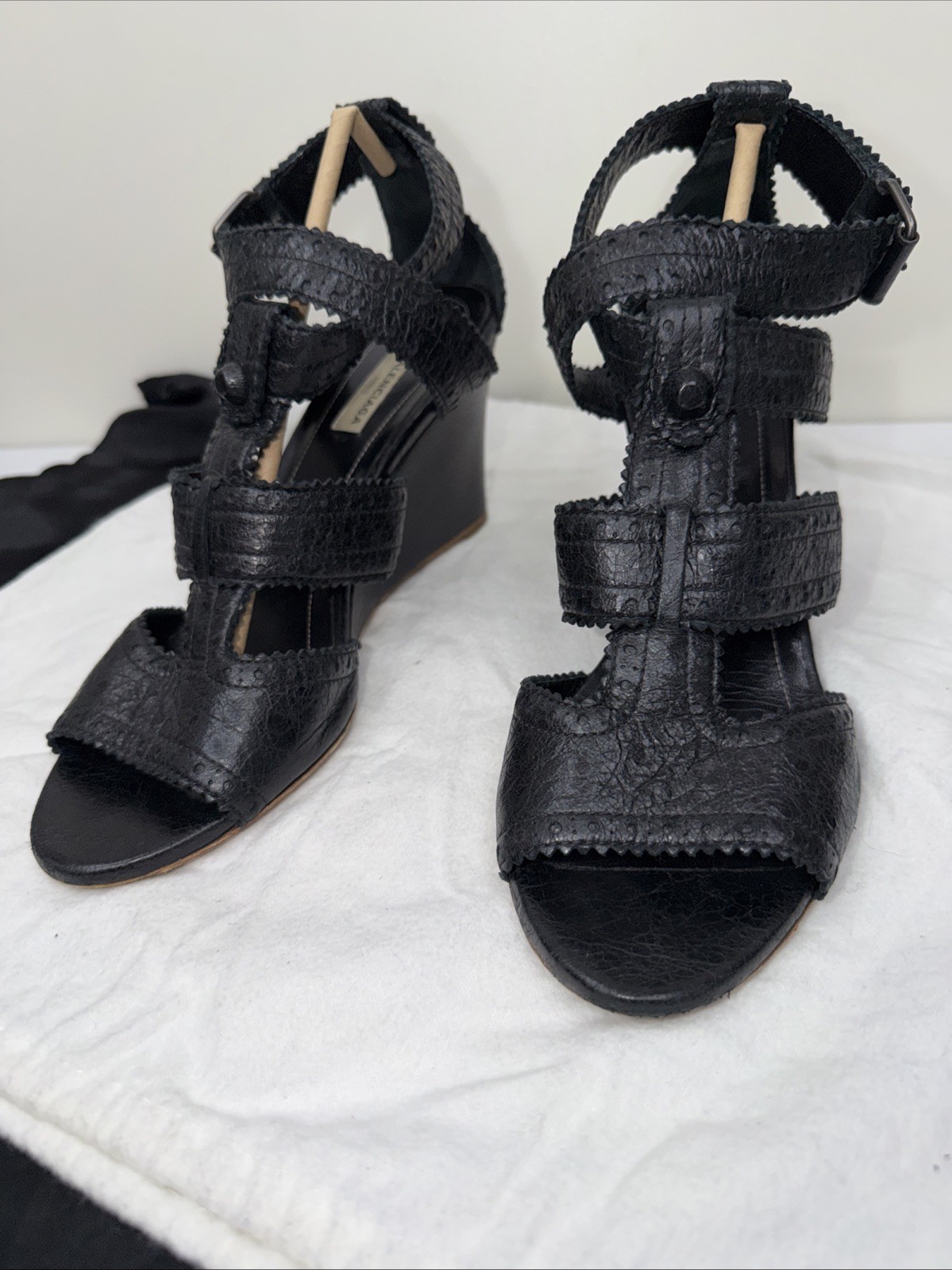 Balenciaga 39.5 Sandals Wedge Gladiator Caged Ankle Booties Covered Studs Poms