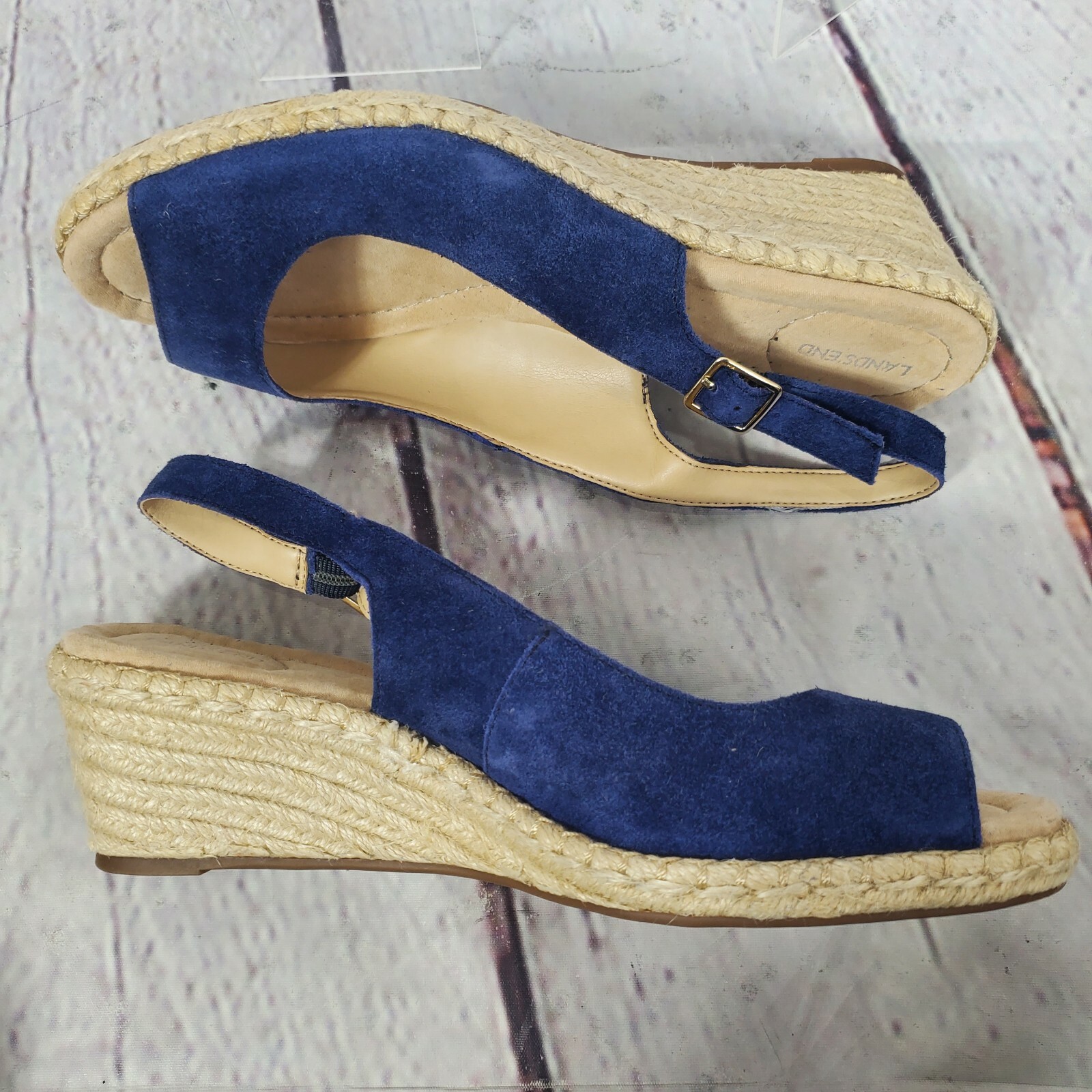 Lands End Women’s Size 9 Deep Sea Blue Slingback Espadrille Suede Wedges