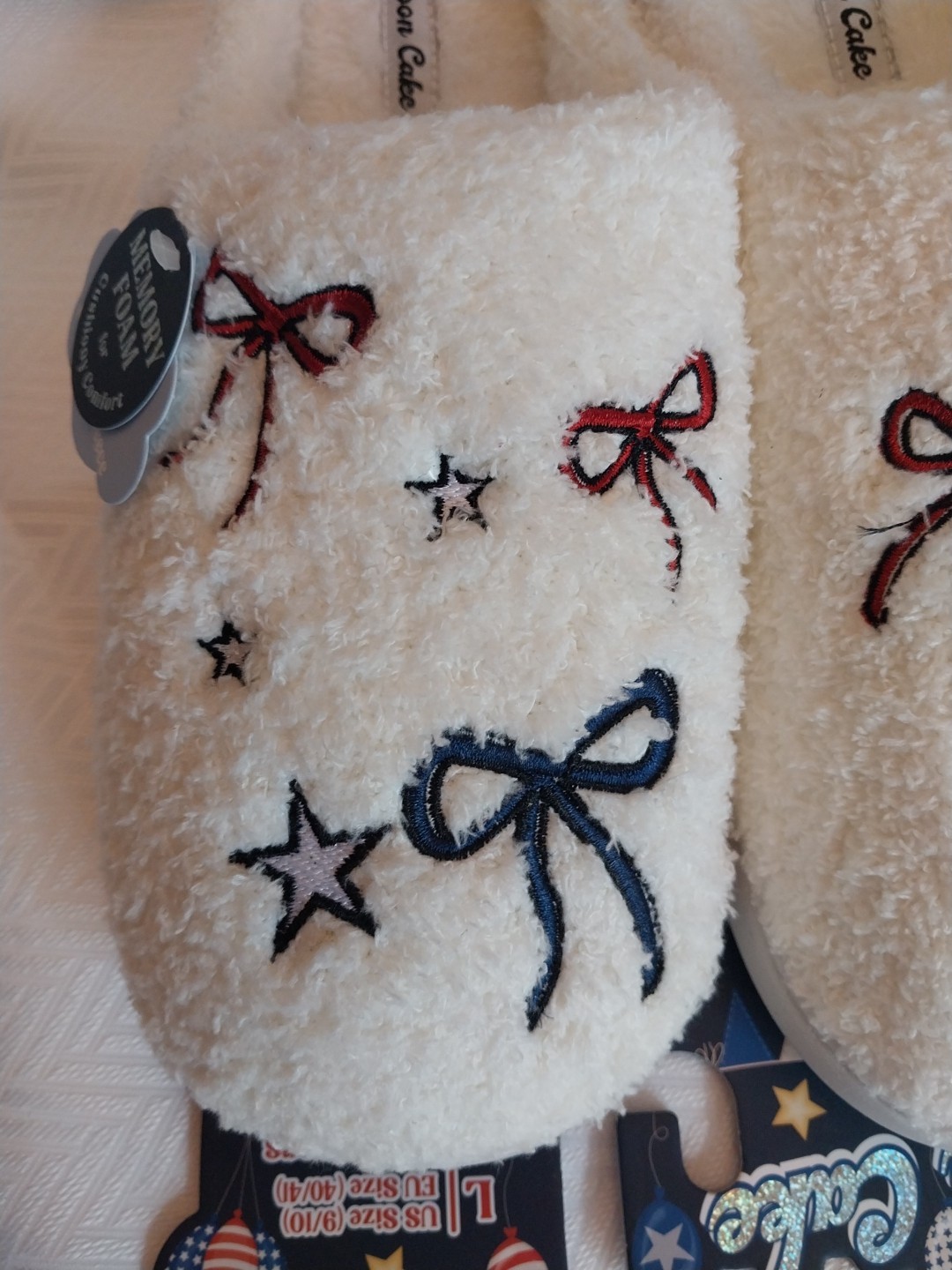 Patriotic USA Slippers Stars Ribbons Red White Blue Moon Cake Women’s 9-10 L NEW