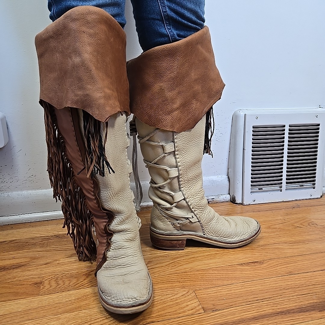 VTG 70s Hand Made Fringed Leather Western Boots Over Knee Concho Womens 9 USA