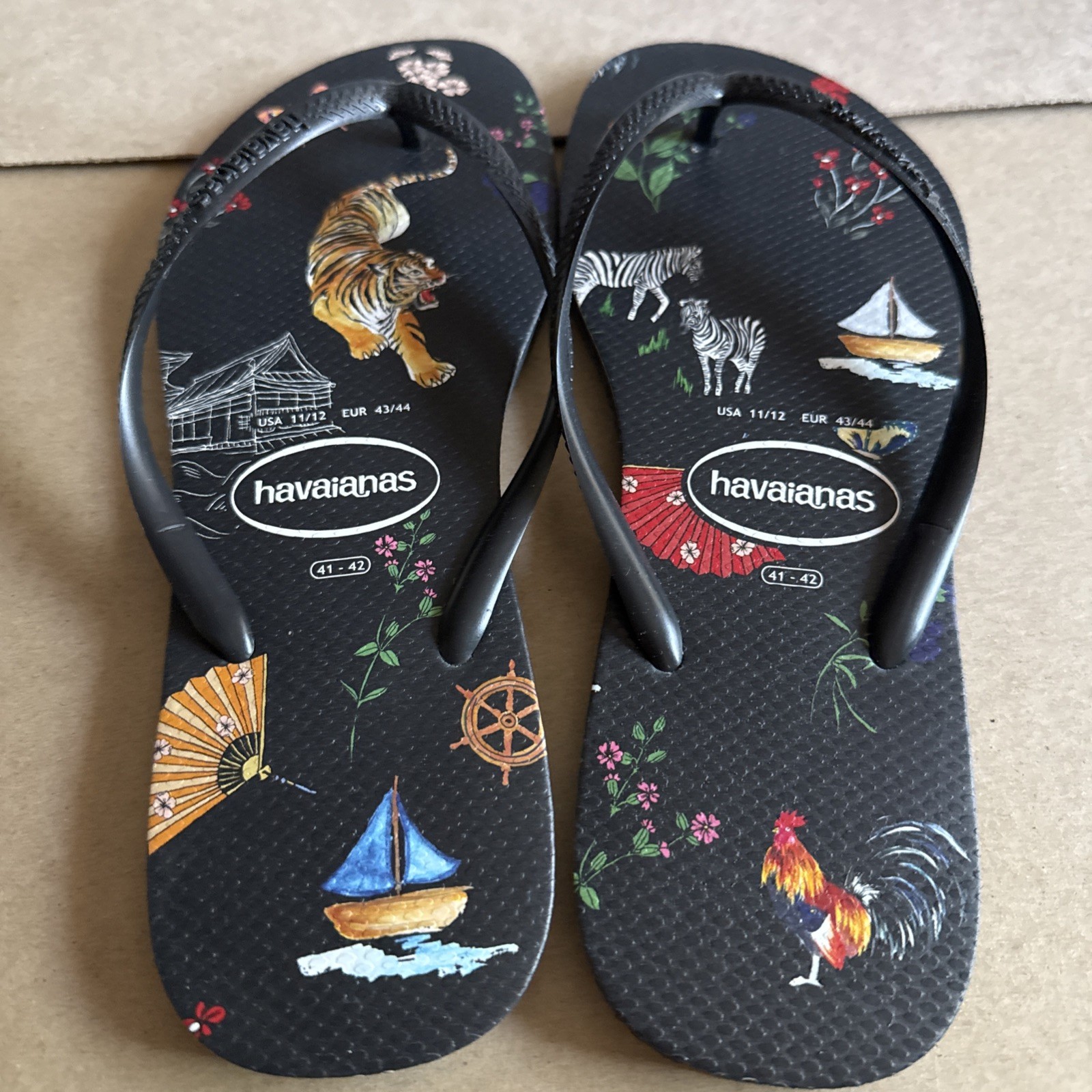 Havaianas Slim Black w/Animals/Flowers/Sailboats EU 41-42 New
