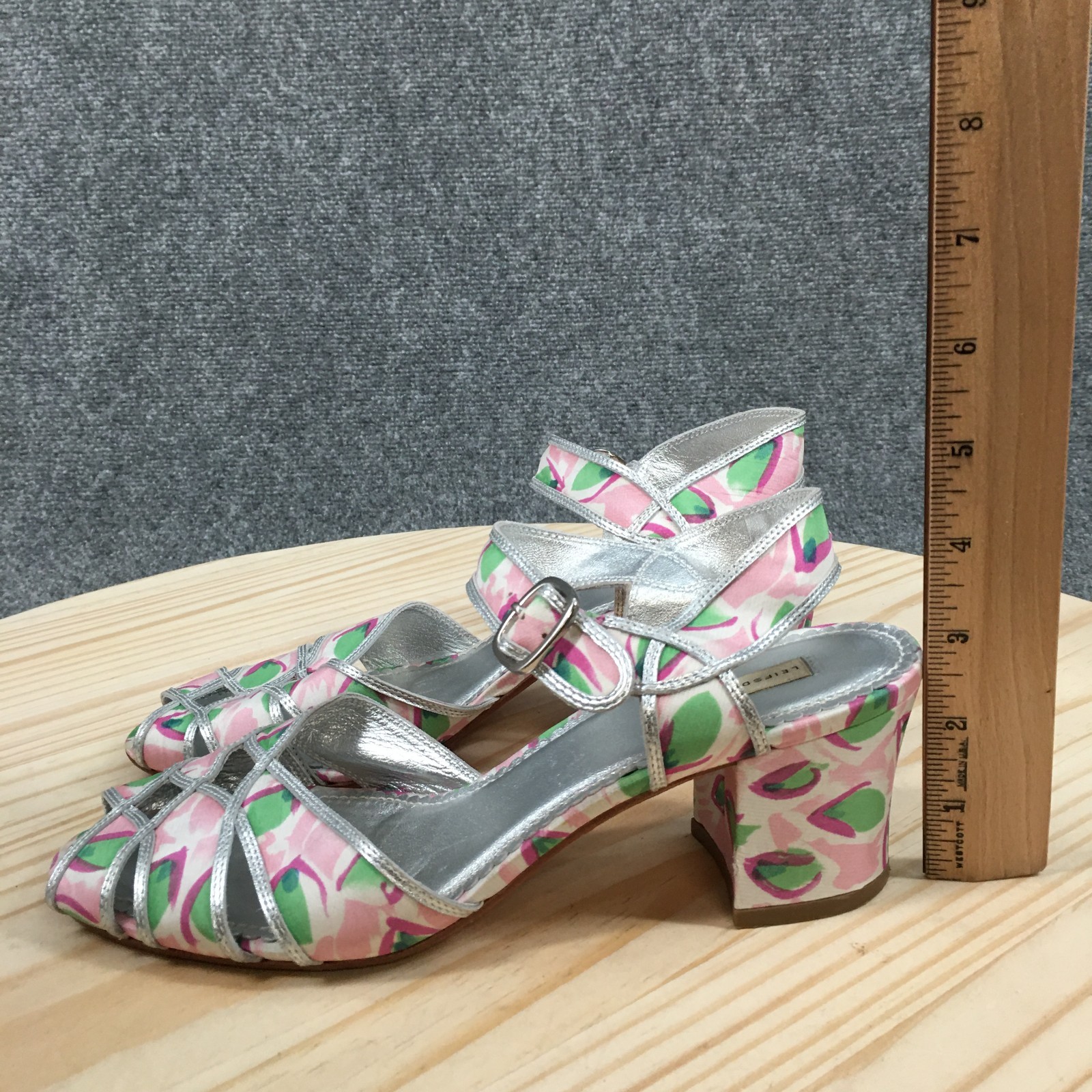 Leifsdottir Floral Strappy Block Heels Sandal Womens 9B Silver Metallic Casual