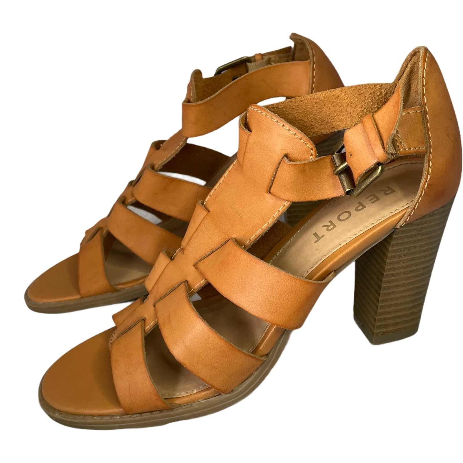 Report Womens Size 9 Tan Strappy Heeled Sandals 3.5in Heel Open Toe Side Buckle