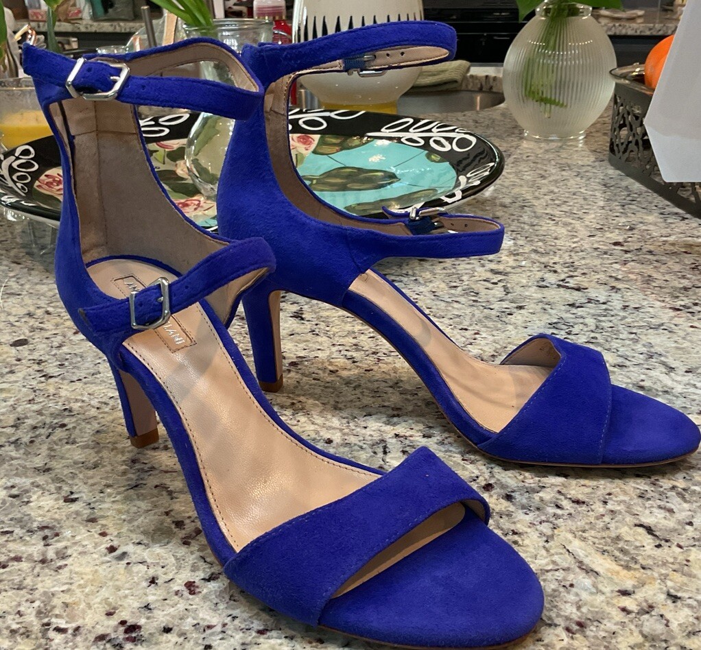 ANTONIO MELANI Womens Sz 8 M BALDTYN Blue Suede Double Strap-Zip Back High Heel