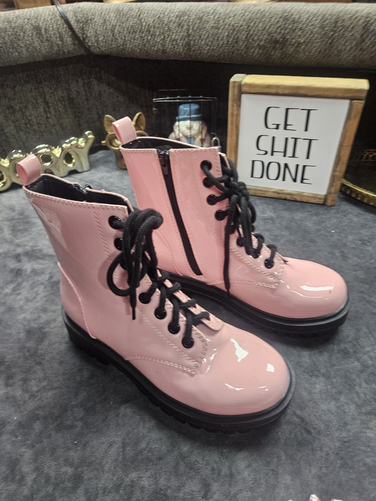 Pink Shiny Combat Boots with Black lace Size 8 1/2 SODA
