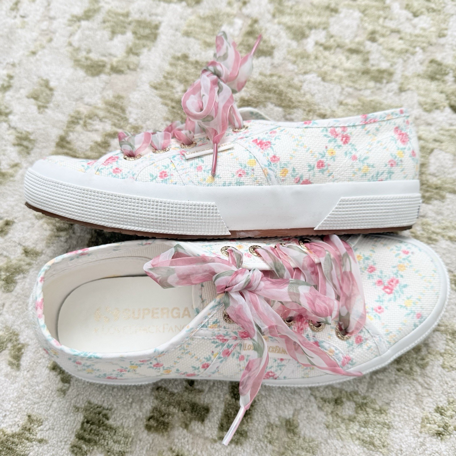 Superga x LoveShackFancy Floral Ribbon Sneakers Size 37 White Pink