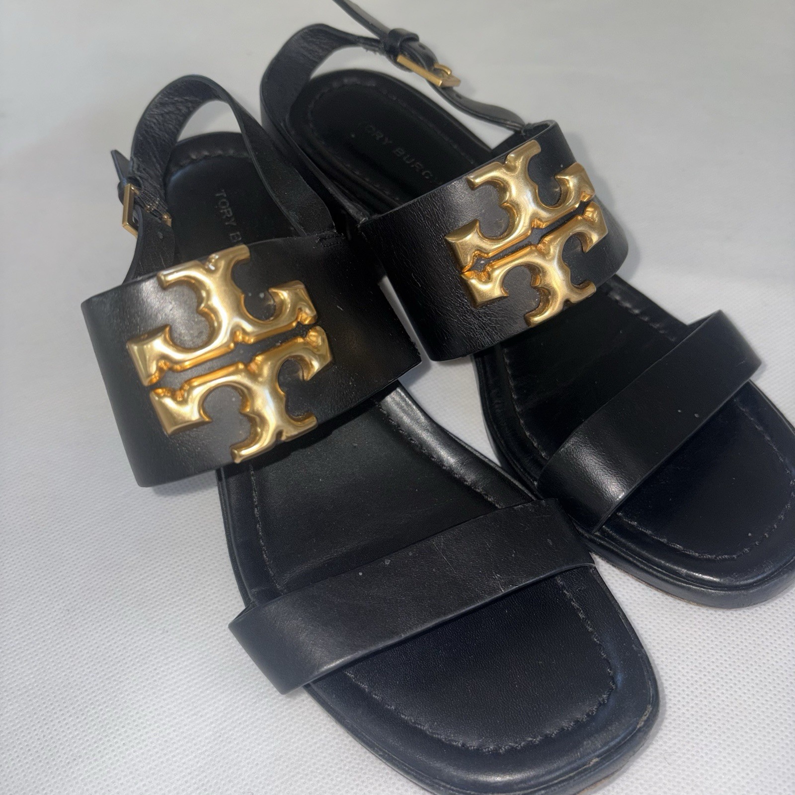 Tory Burch Eleanor Black Leather Block Heel Slingback Sandals US 6 Gold Logo