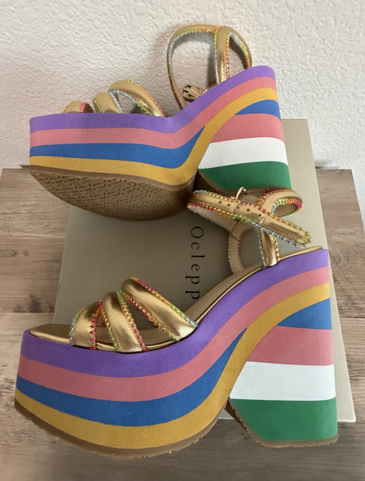 Dee Ocleppo Multicolor/Gold Striped Leather Platform Sandals Ankle Strap 6