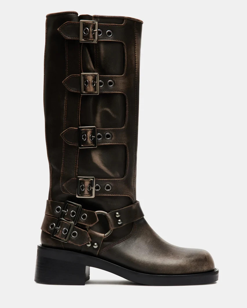 Steve Madden Multi Buckle Distressed Leather Mid Calf Boots