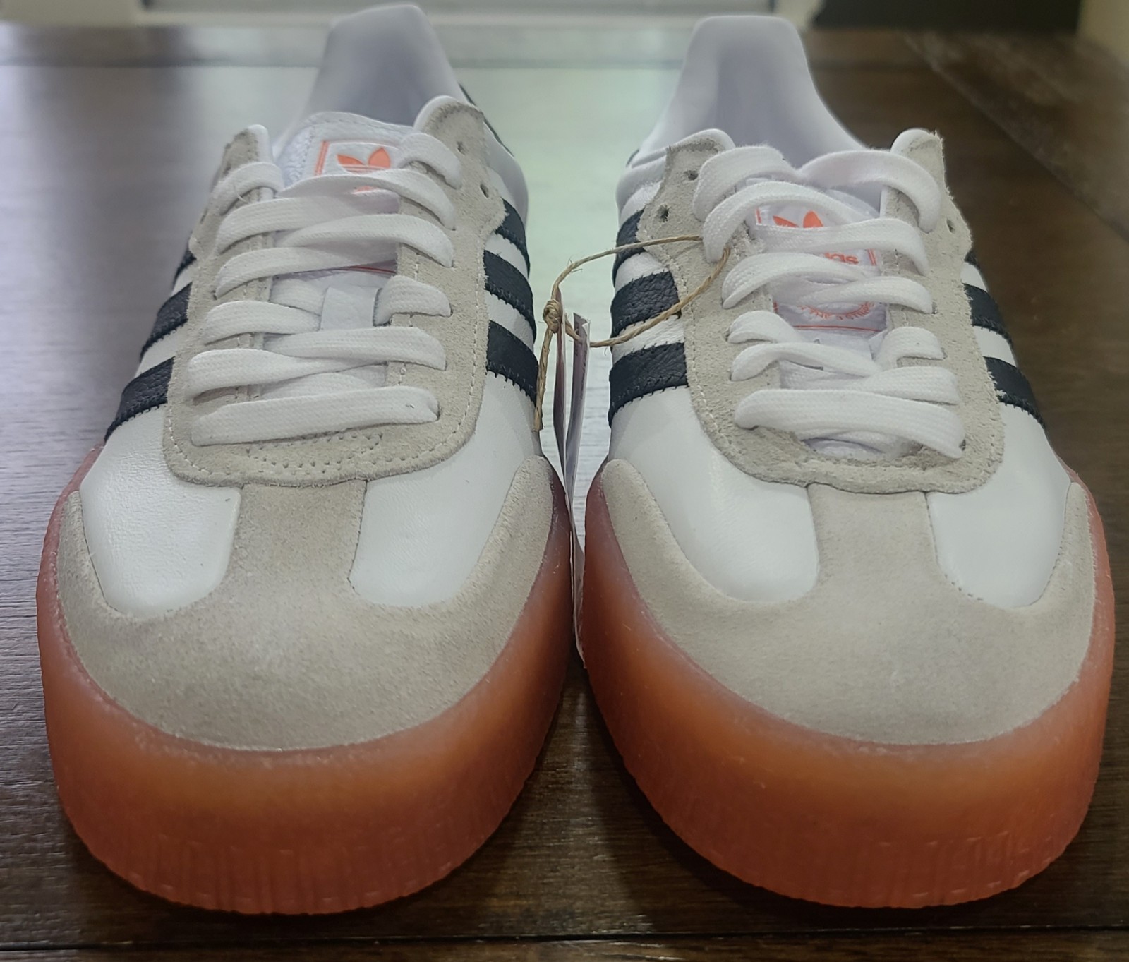 adidas Samba White/Black/Coral Low Top Lace-Up Sneaker Rubber Sole