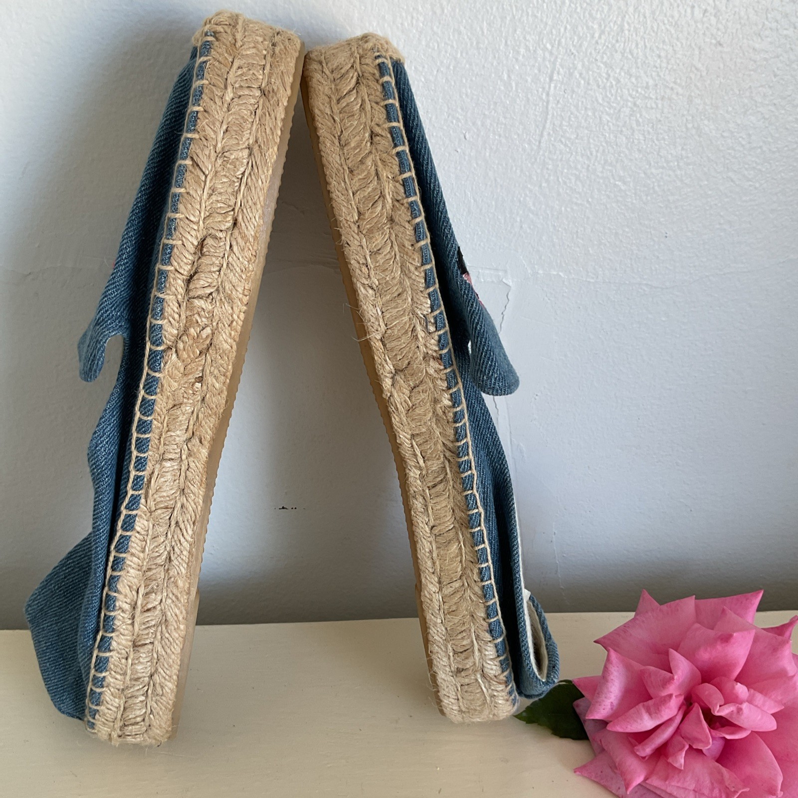 Soludos Espadrilles Embroidered Flamingo Duck Loafer Women Size 8 Blue Denim New