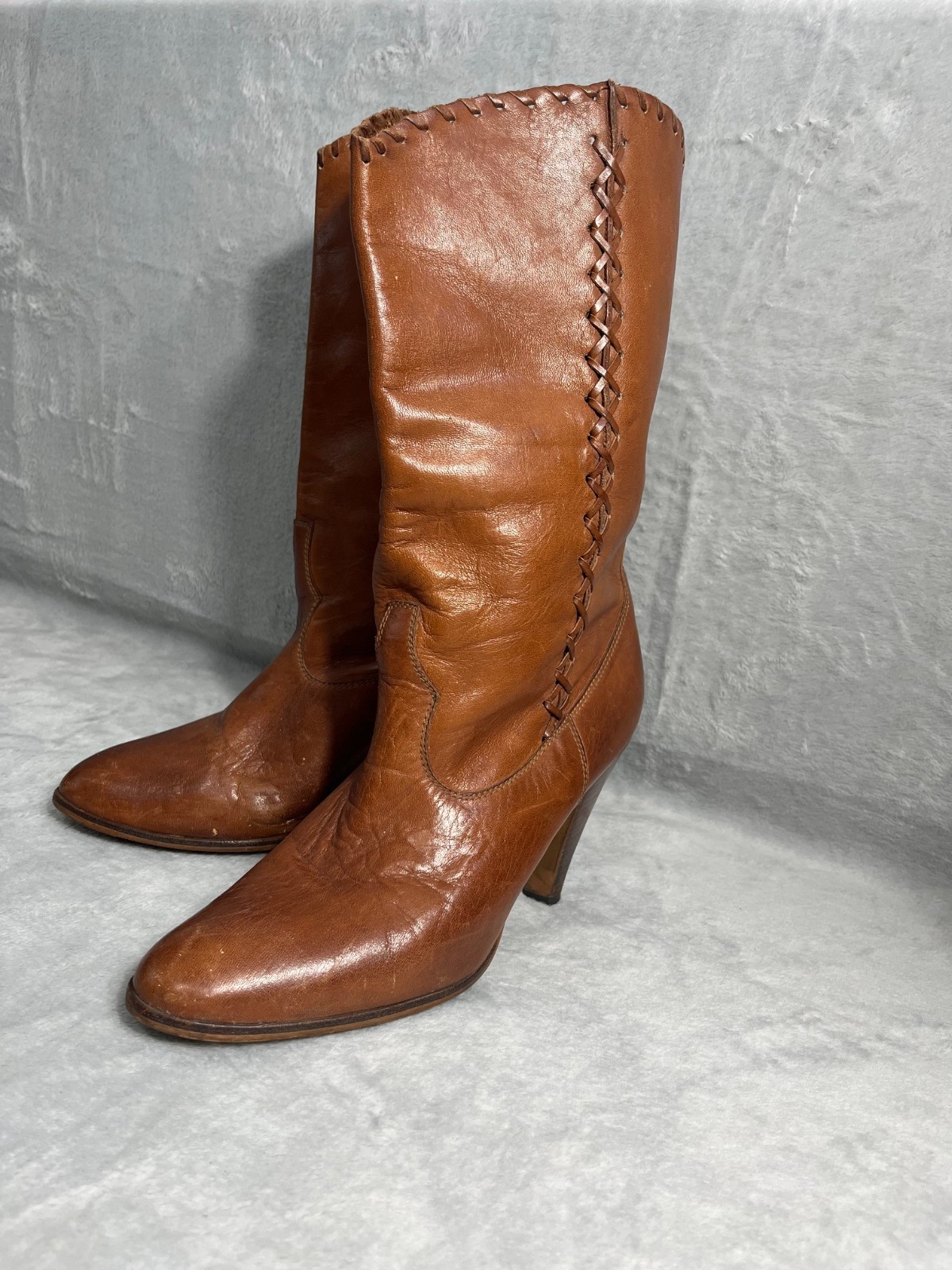 Vintage Leather Boots Brown Lace Up Detail Cone Heel Boho Western Size 9 M