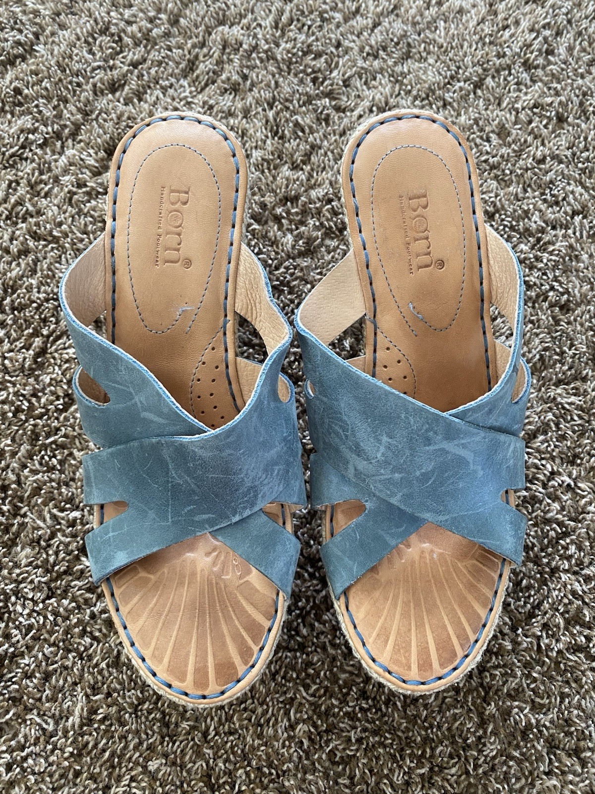Born Blue Leather Women’s Platform Sandals Size 8 Slip On Platform M/W D96304