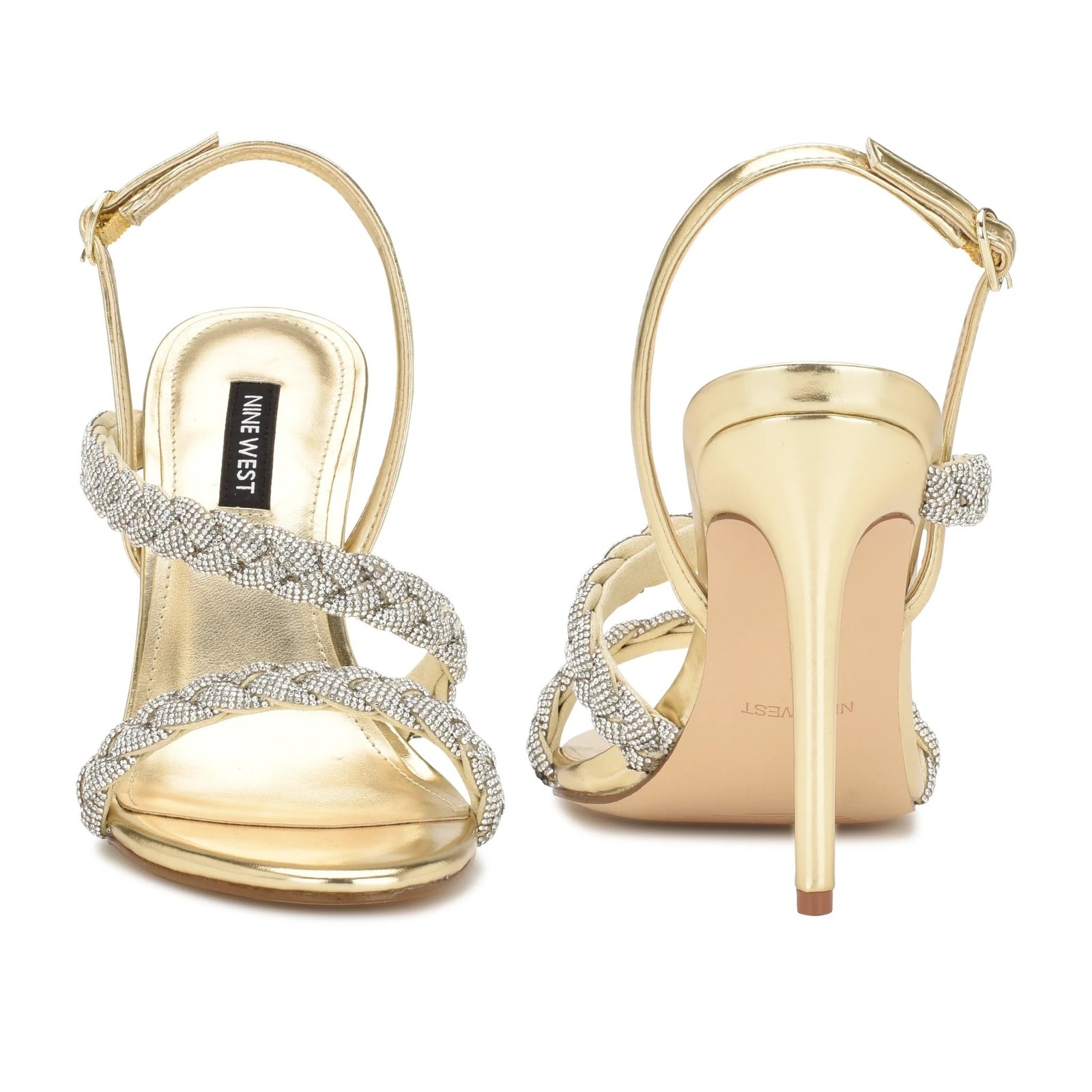 NINE WEST – TIFF, Gold faux leather rhinestone 4.25″ stiletto slingbacks, SZ 6