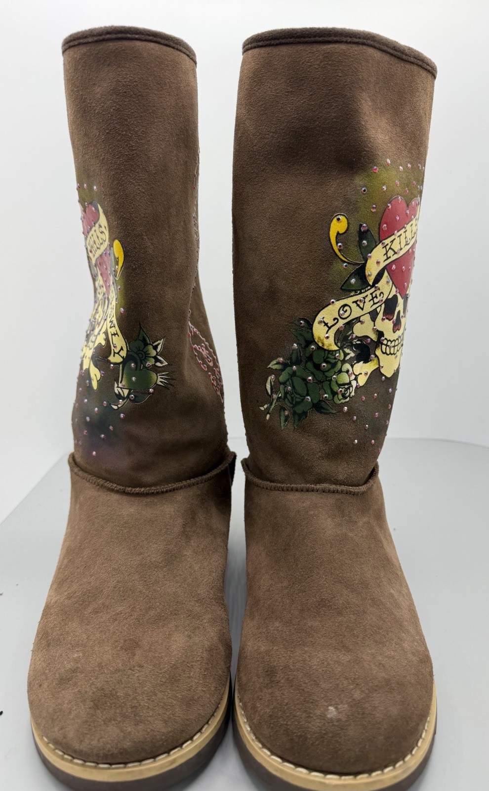 Ed Hardy Tattoo Love Kills Slowly Tattoo Single Print Suede Winter Boots Size 10