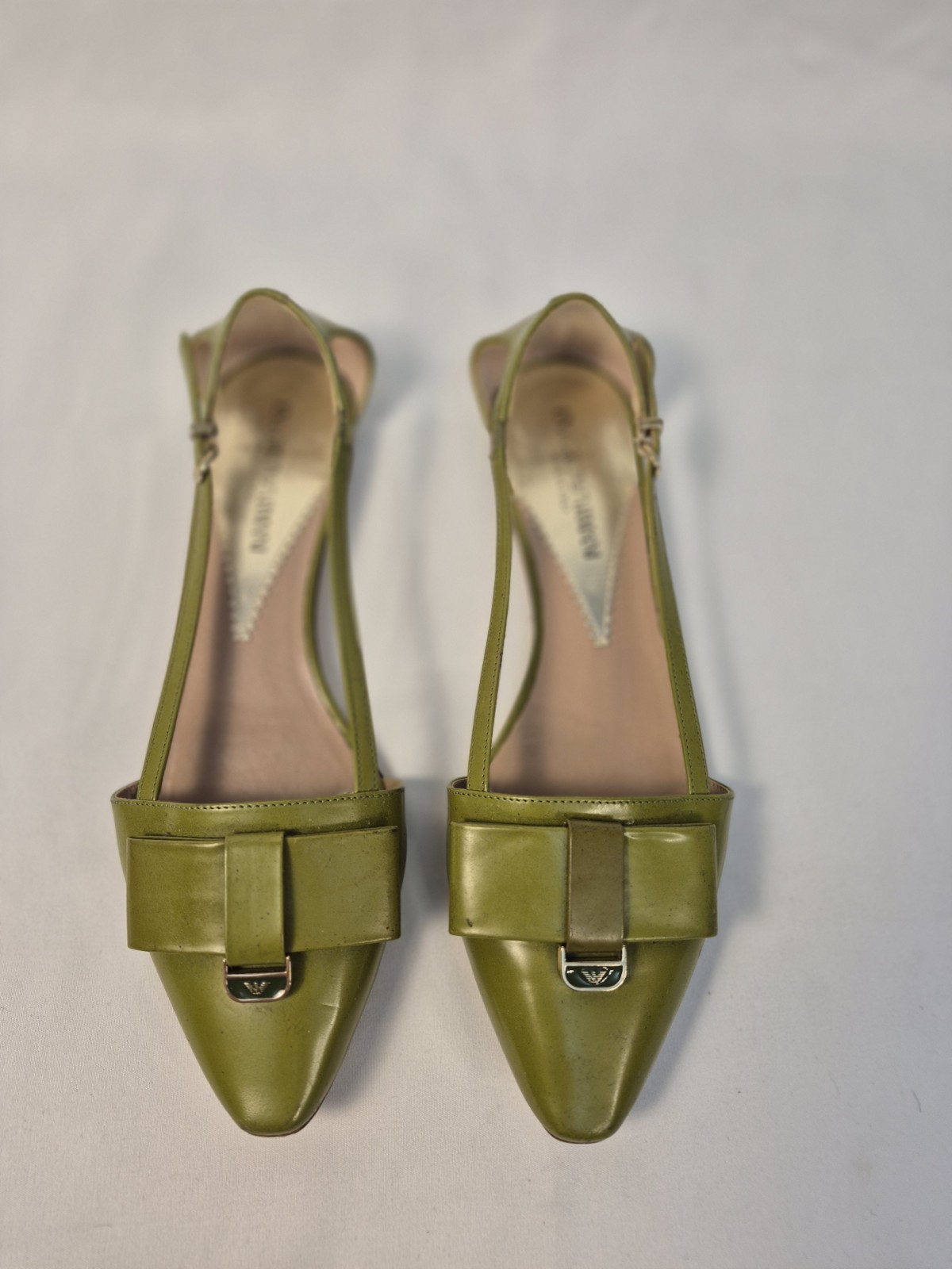 Emporio Armani Green Leather Pointed Toe Slingback Flats Bow Made In Italy Sz38