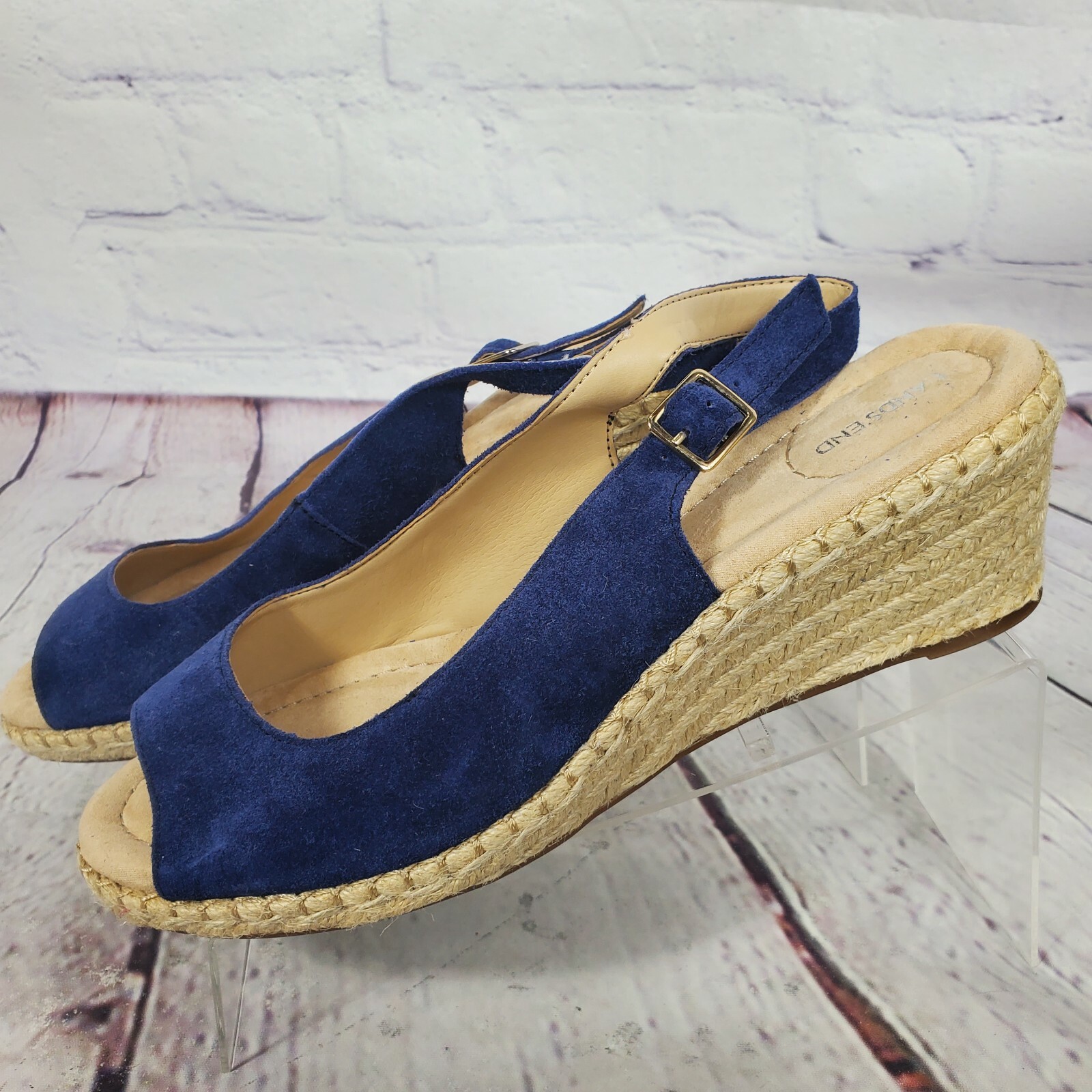 Lands End Women’s Size 9 Deep Sea Blue Slingback Espadrille Suede Wedges