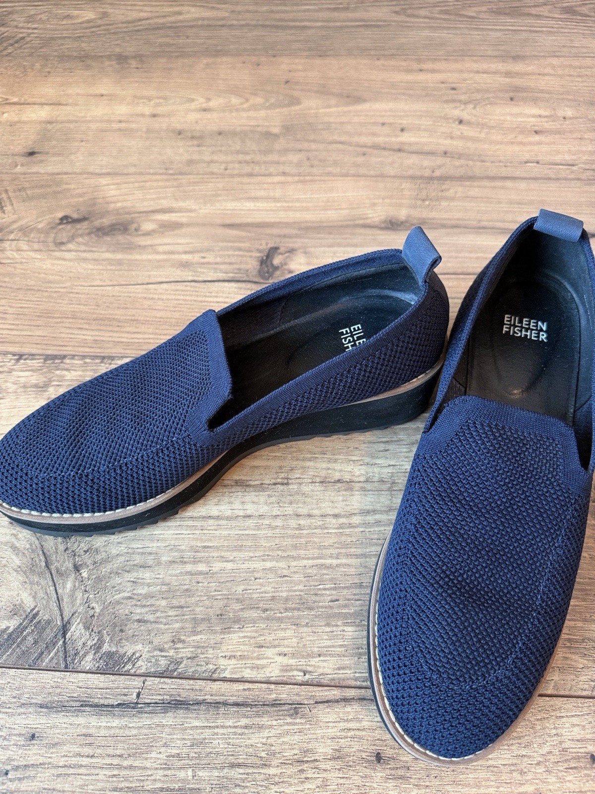 Eileen Fisher Lindy Recycled Stretch Knit Platform Wedge Loafer Shoes Navy 8