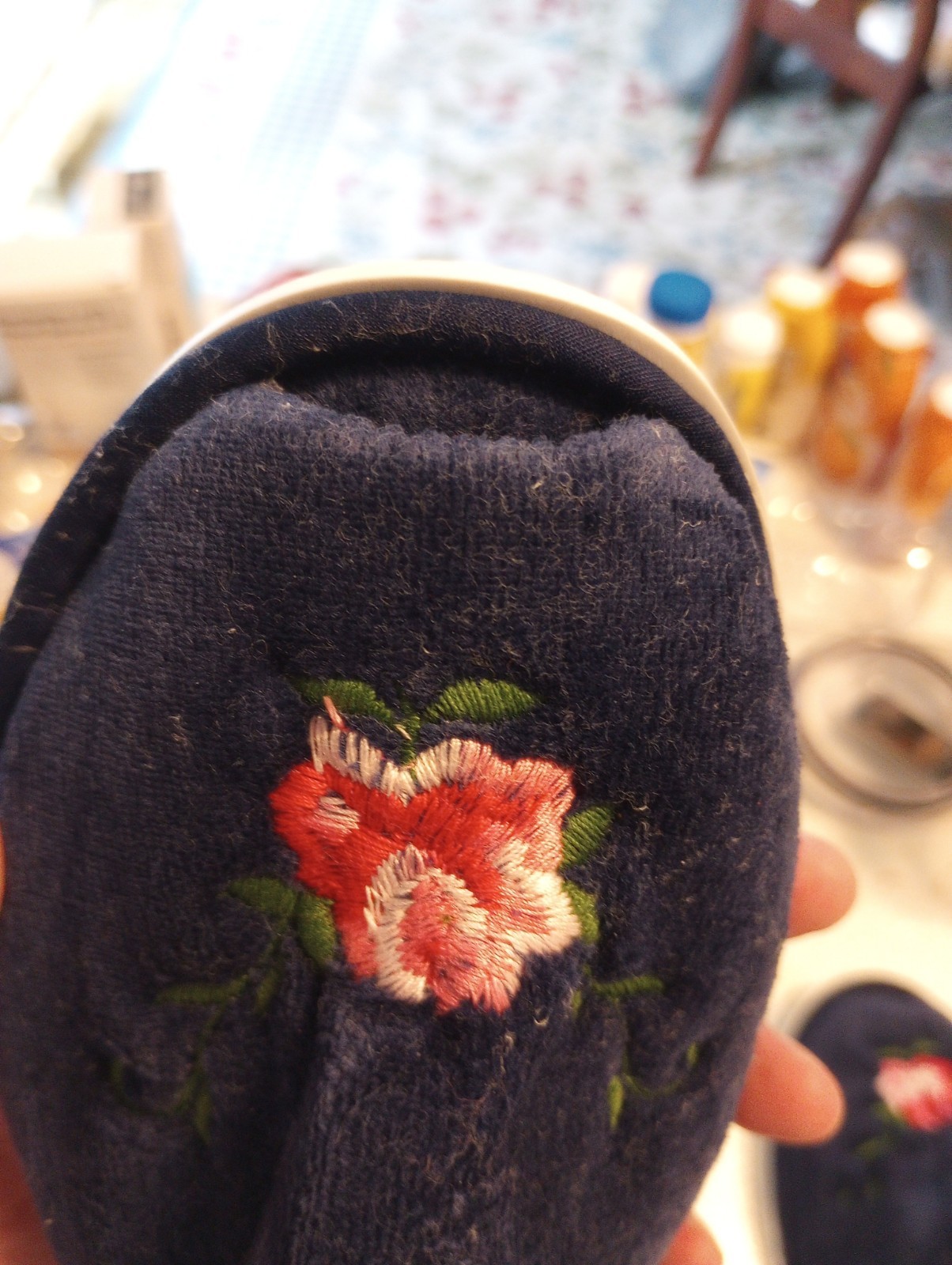 Vintage DearFoams Navy Floral Slippers Slip On Open Back Peep Toe XL 9.5/10.5