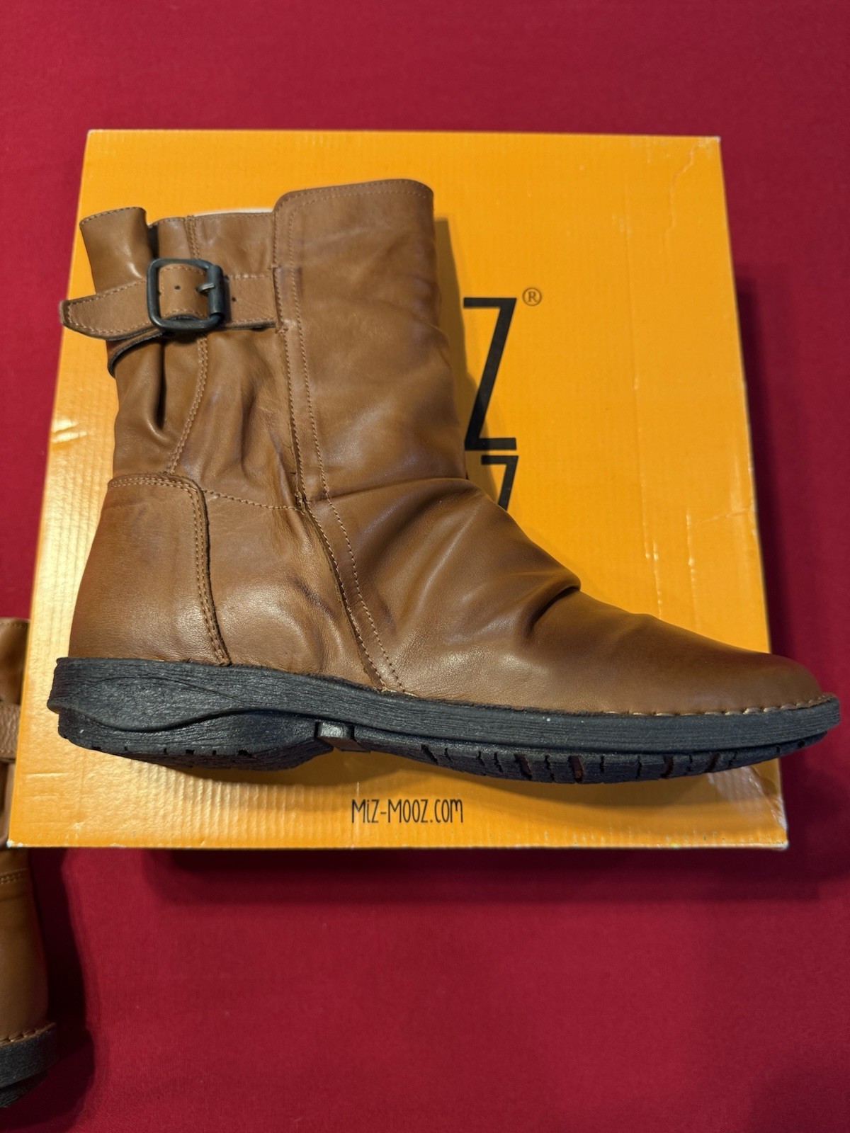 NEW Miz Mooz Parade Leather Buckled Mid Boots Brandy Women’s EU 38 7.5-8 US