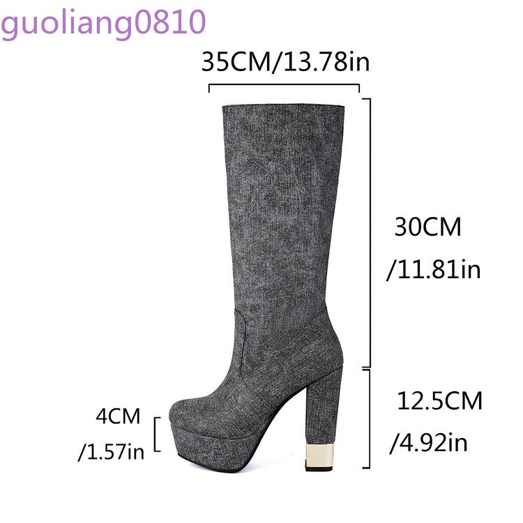 Women’s Faux Leather Mid Calf Boots Slip On Shoes Round Toe Block Heel Platform