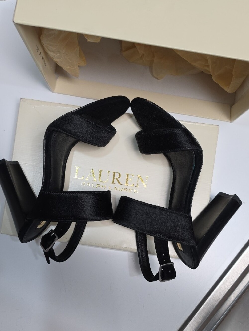 Lauren Ralph LaurenKacia Black Calf-Hair Open-Toe Block Heel Sandal – Size 6B