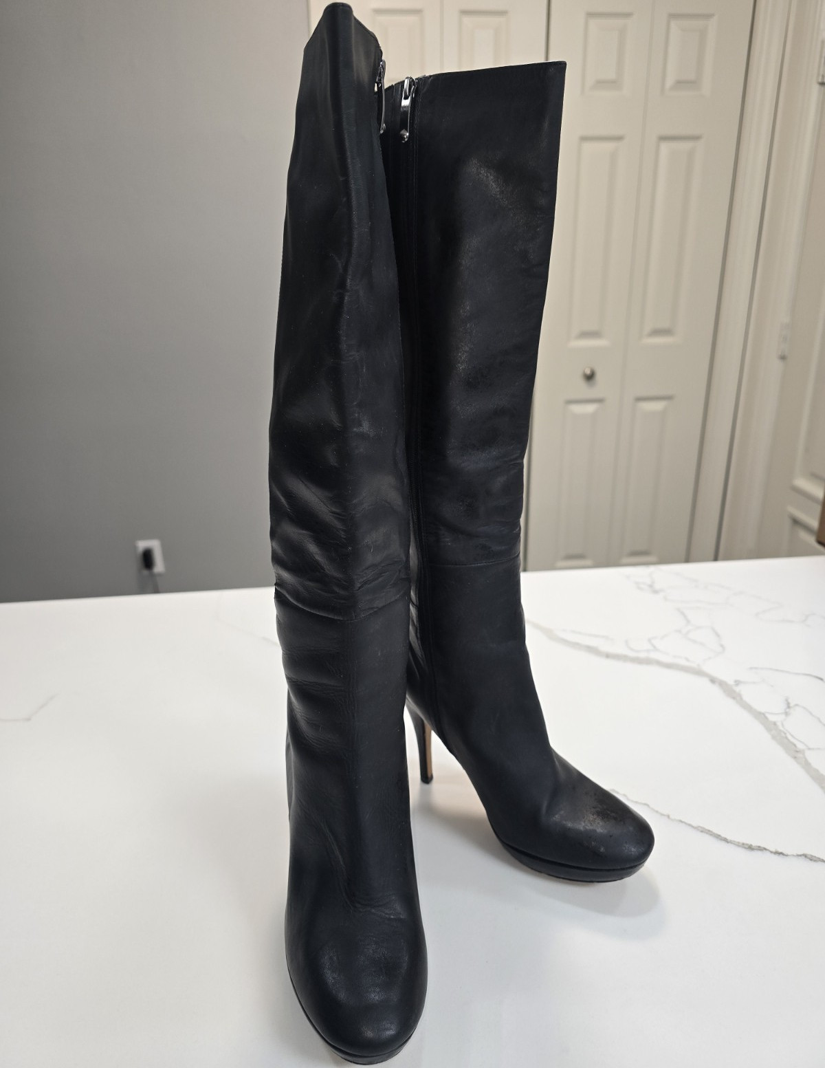 Via Spiga Black Leather Knee High Zip Boots Stiletto Round Toe Women’s 8M