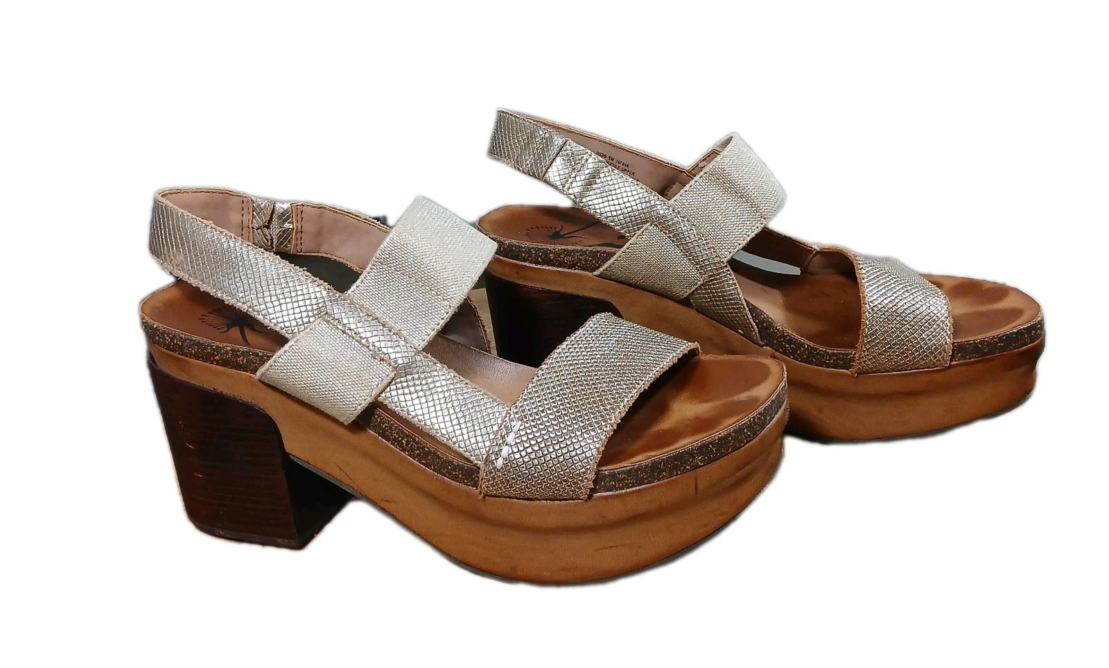 ​OTBT Indio Platform Sandals Womens 9M Gold Metallic Textured Leather Wood Heel