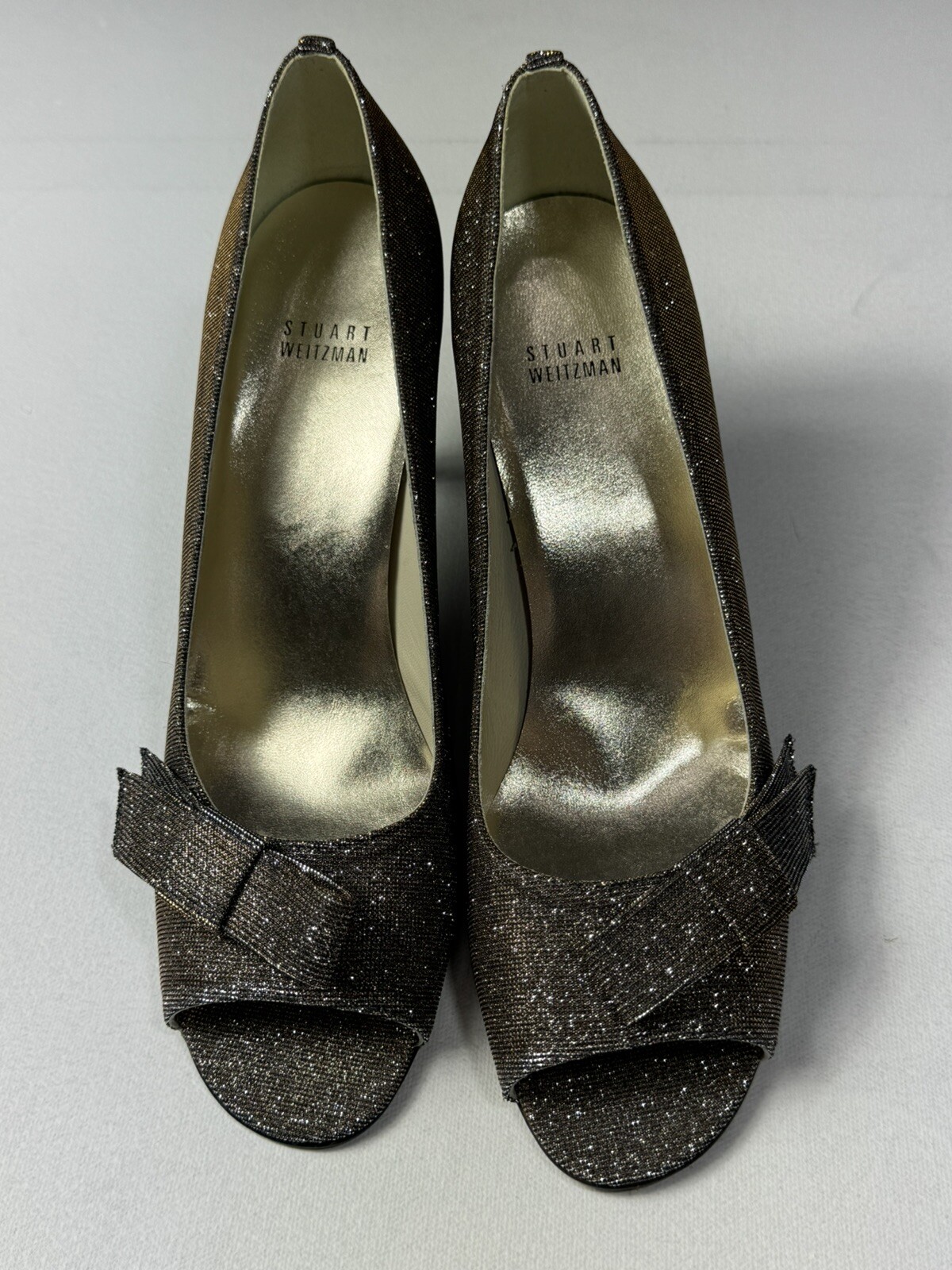 Stuart Weitzman Poco Pyrite Bowover Open Toe Evening Heel Pump Sz 10.5 NEW
