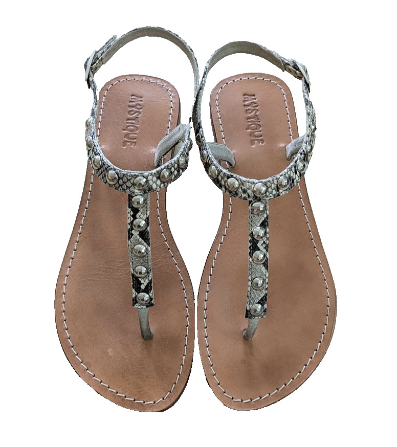 MYSTIQUE Size 10 Studded Ankle Strap Thong LEATHER Sandals Snakeskin Gray Silver