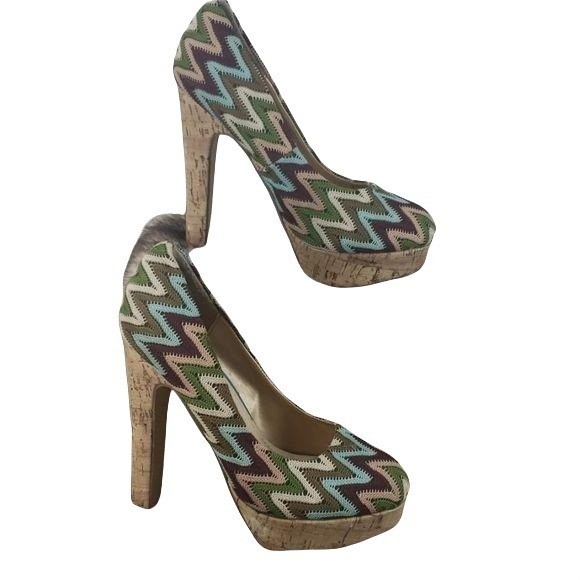 Diba Girl Chevron Print Cork Platform Heels Size 6.5M Multicolor Green Beige Bro