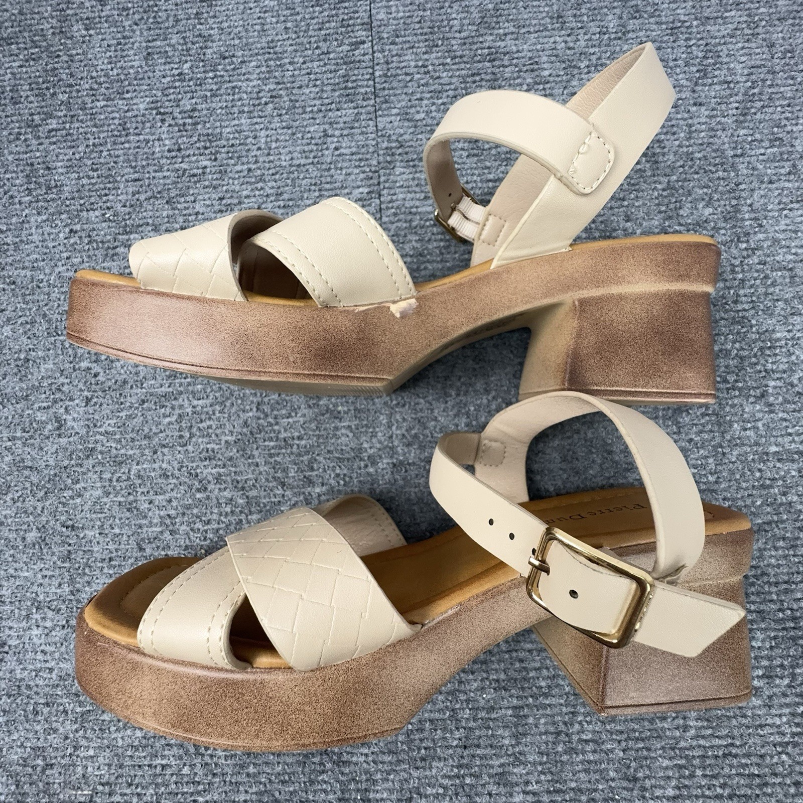 Pierre Dumas Cream Platform Block Heel Square Toe Sandals Women’s 5 Ankle Strap