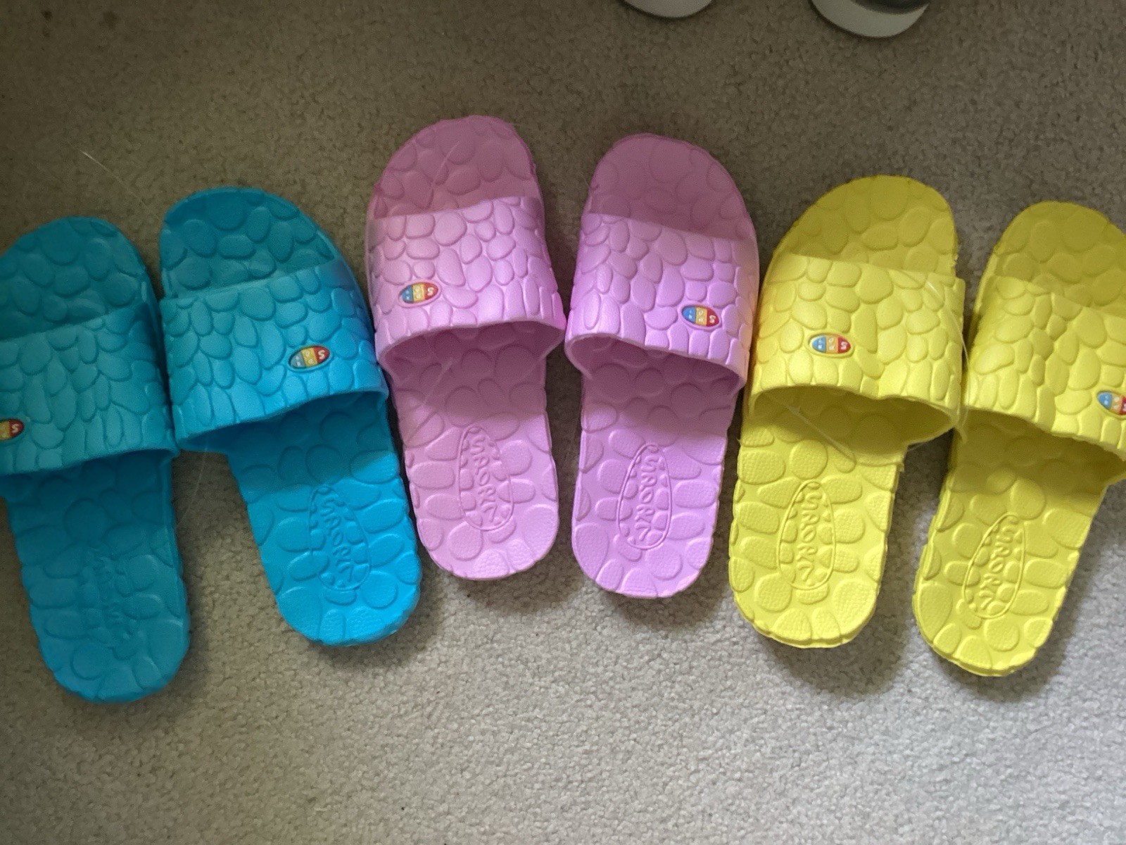 Women’s Pop It Slide Sandals Lot of 3 Pairs Yellow Blue Pink Slip On Comfort