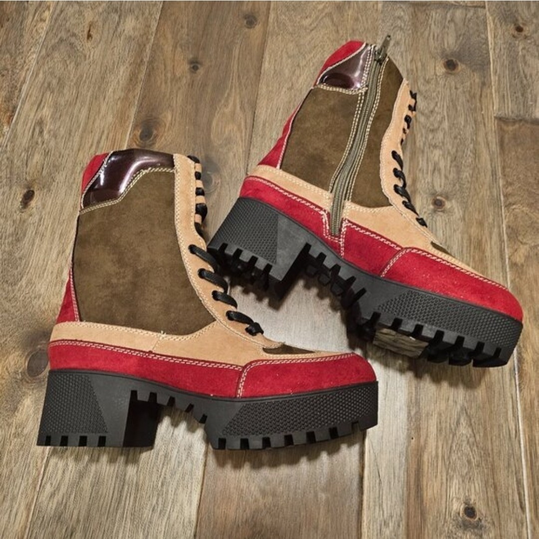Colorblock Suede Lace Up Zip Lug Sole Ankle Combat Boot Round Toe for Women