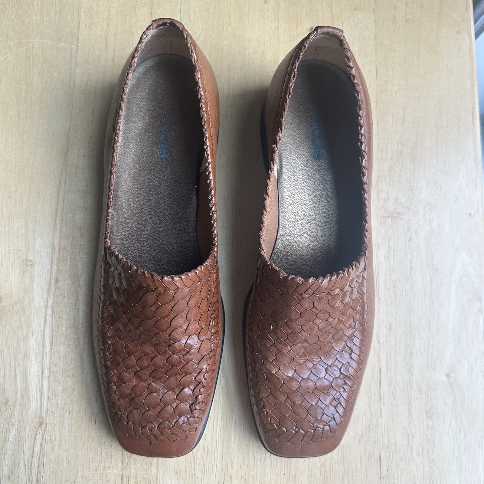 Nicole Slip-on Shoes Women’s Size 7.5 Brown Leather Woven Square Toe Brazil