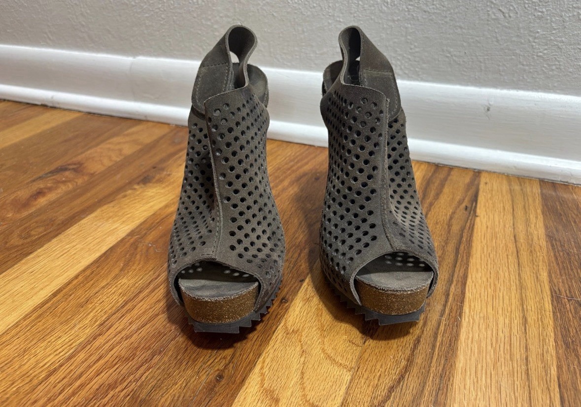 EUC Pedro Garcia Camo Suede Perforated Peep-Toe Heeled Bootie Size 38 (8 US)