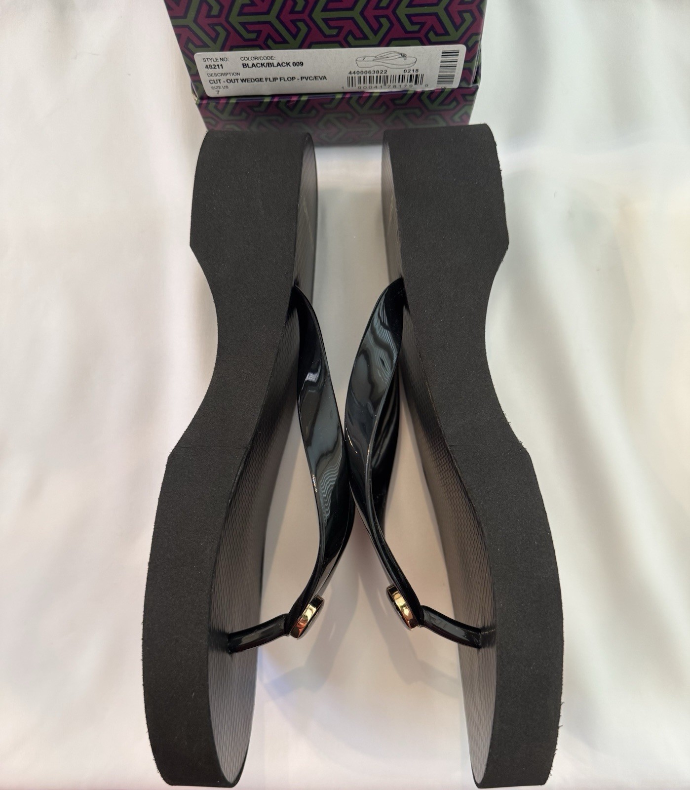 Tory Burch Women’s Black Wedge Flip Flop Sandals Logo PVC US 7