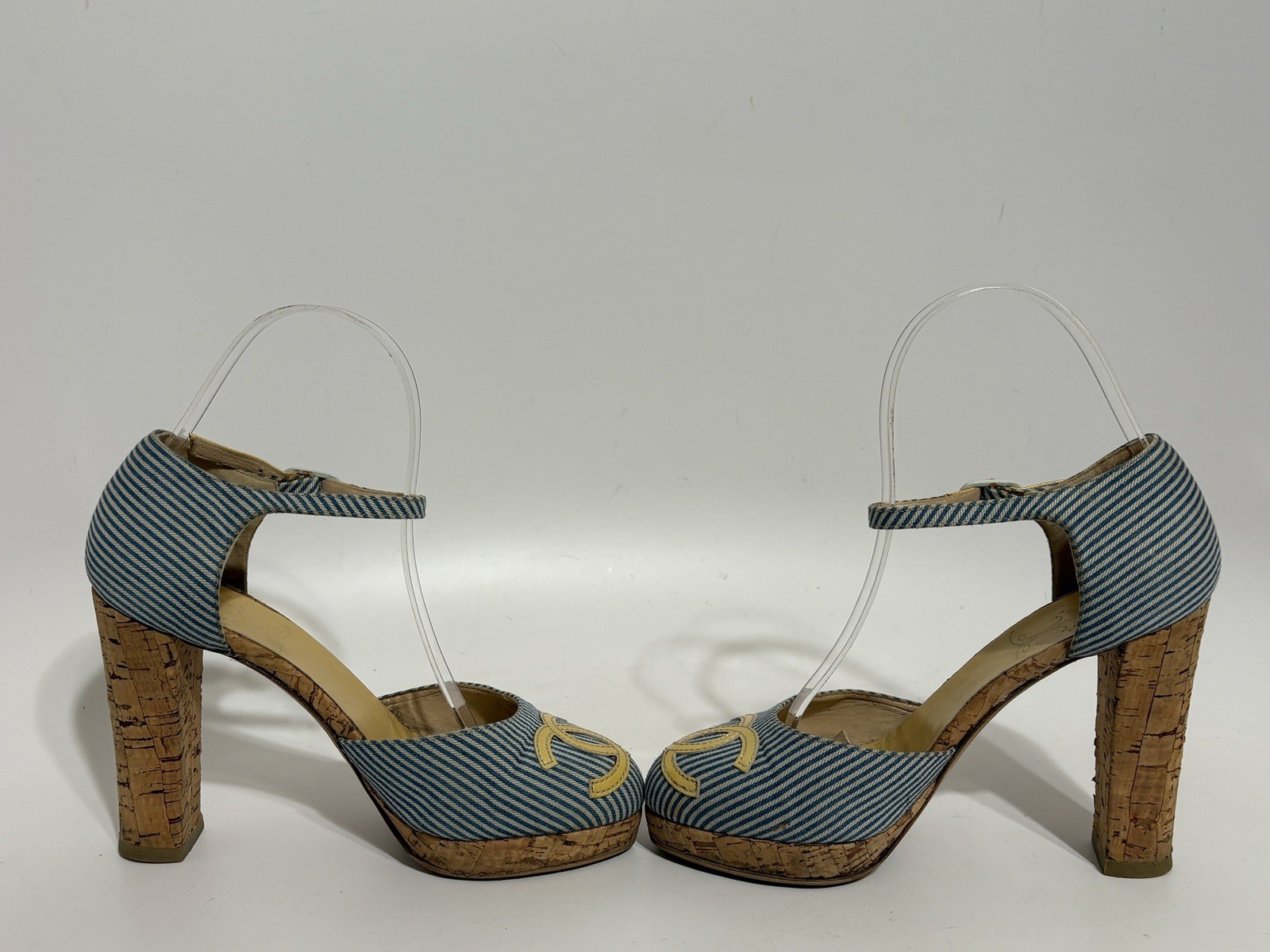 Vtg Chanel Blue CC Logo Striped Platform Heels 37