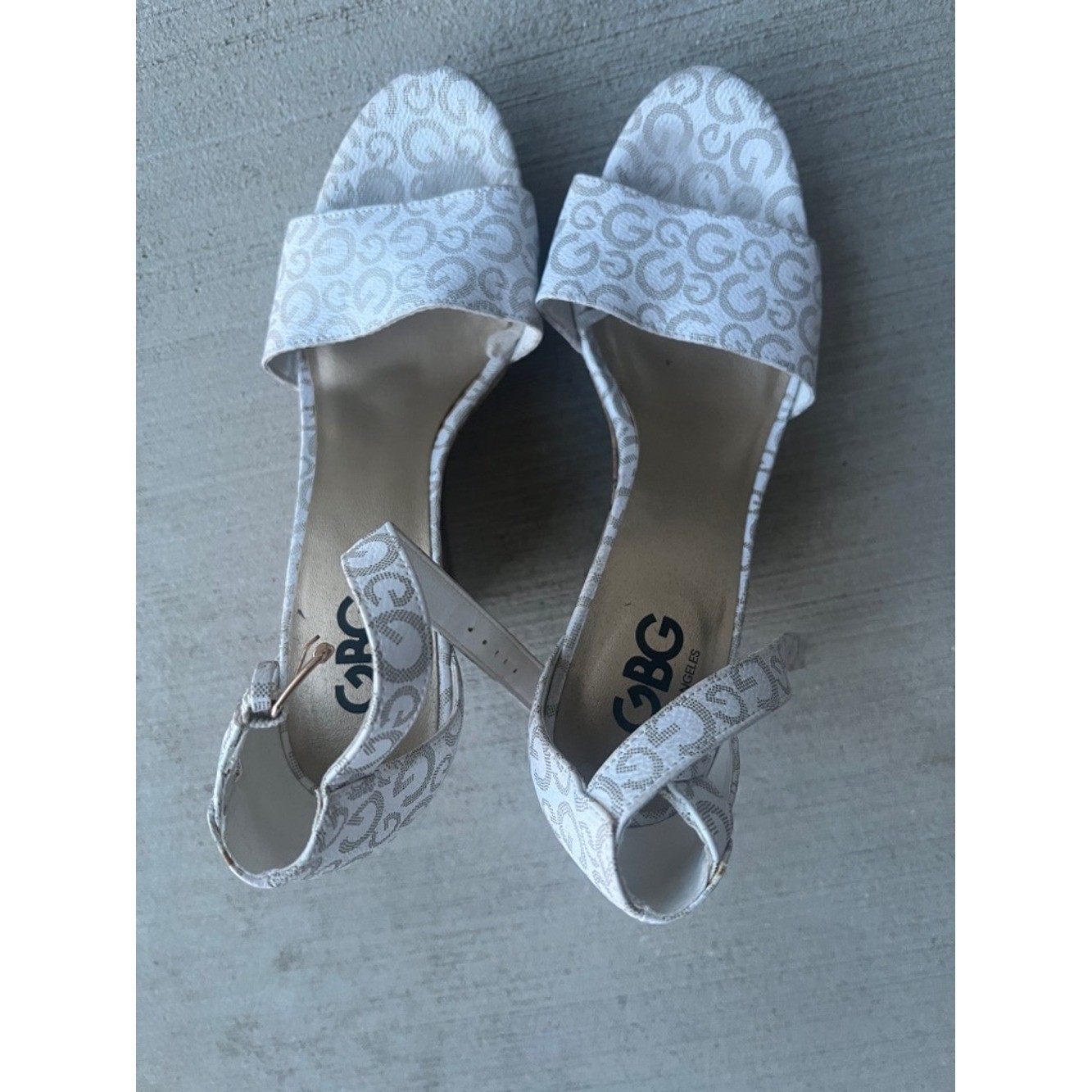 G by Guess White Monogram Cork Wedge Sandals