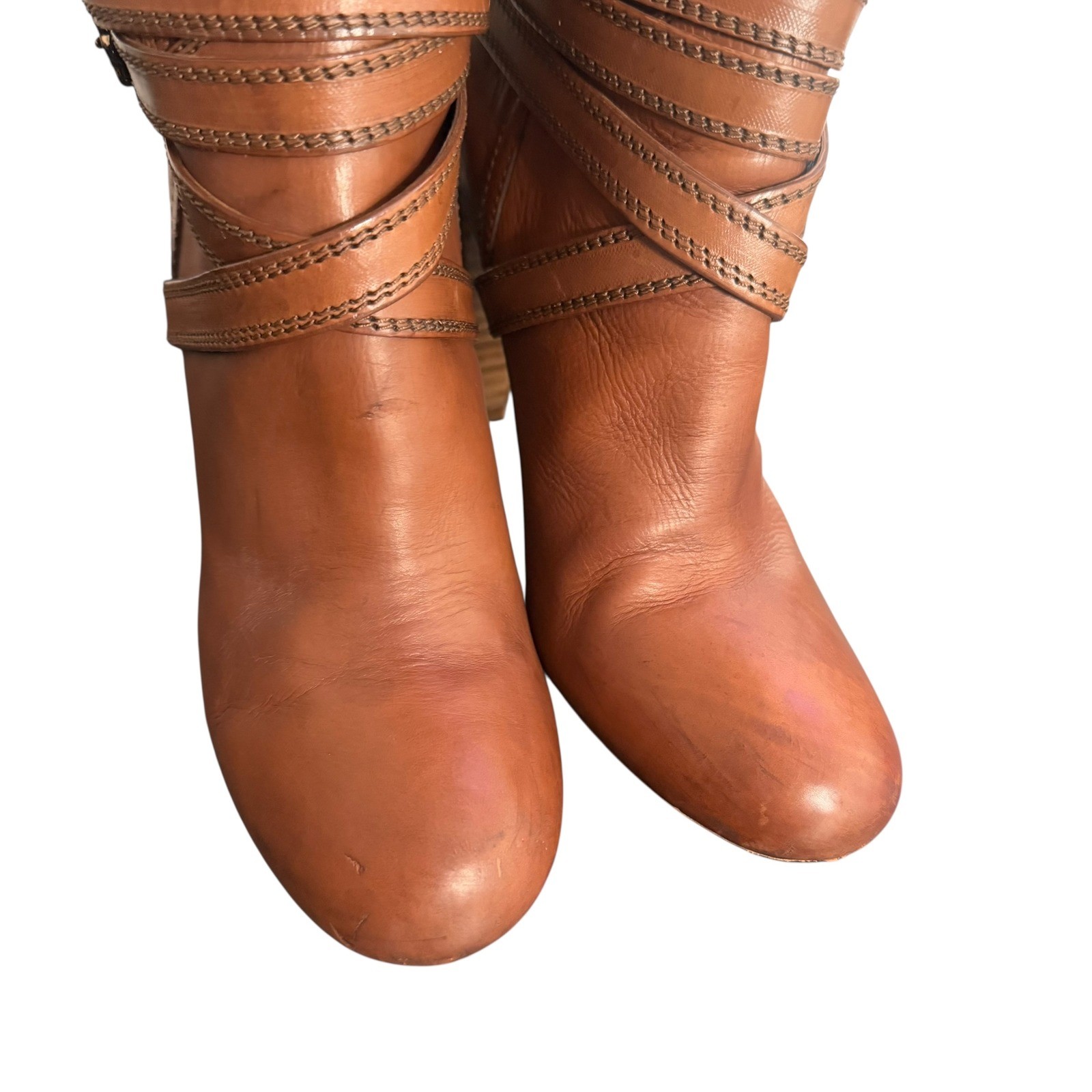 NAVYBOOT Eva Turner Brown Leather High Heel Boots Perforated Cutout Straps Sz 37