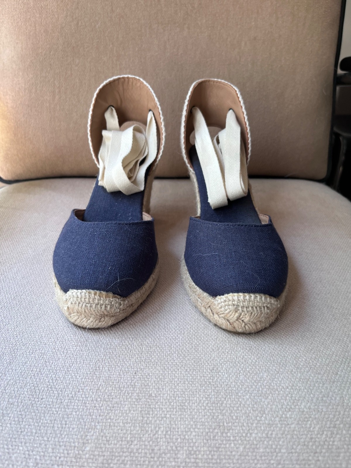 Soludos Marseille Wedge Espadrille Sandals NAVY Linen & with Ankle Tie ~ Size 7