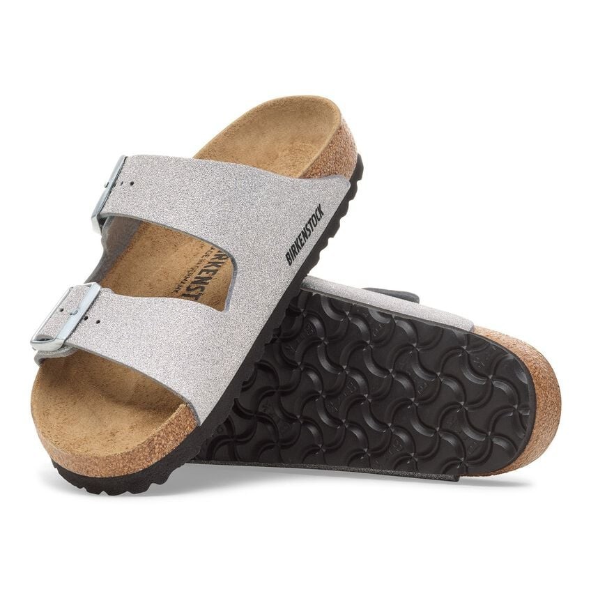 BIRKENSTOCK ARIZONA SHINY GLITTER SILVER MEDIUM/NARROW WIDTH SLIDE SANDALS BRILL