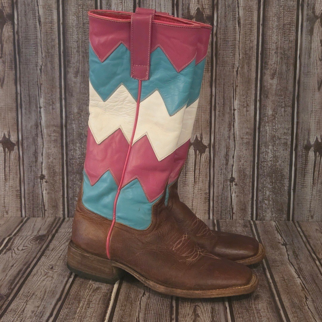 Sz 6.5 M Women’s Macie Bean Brown Pink Turquoise Chevron Western Cowboy Boots