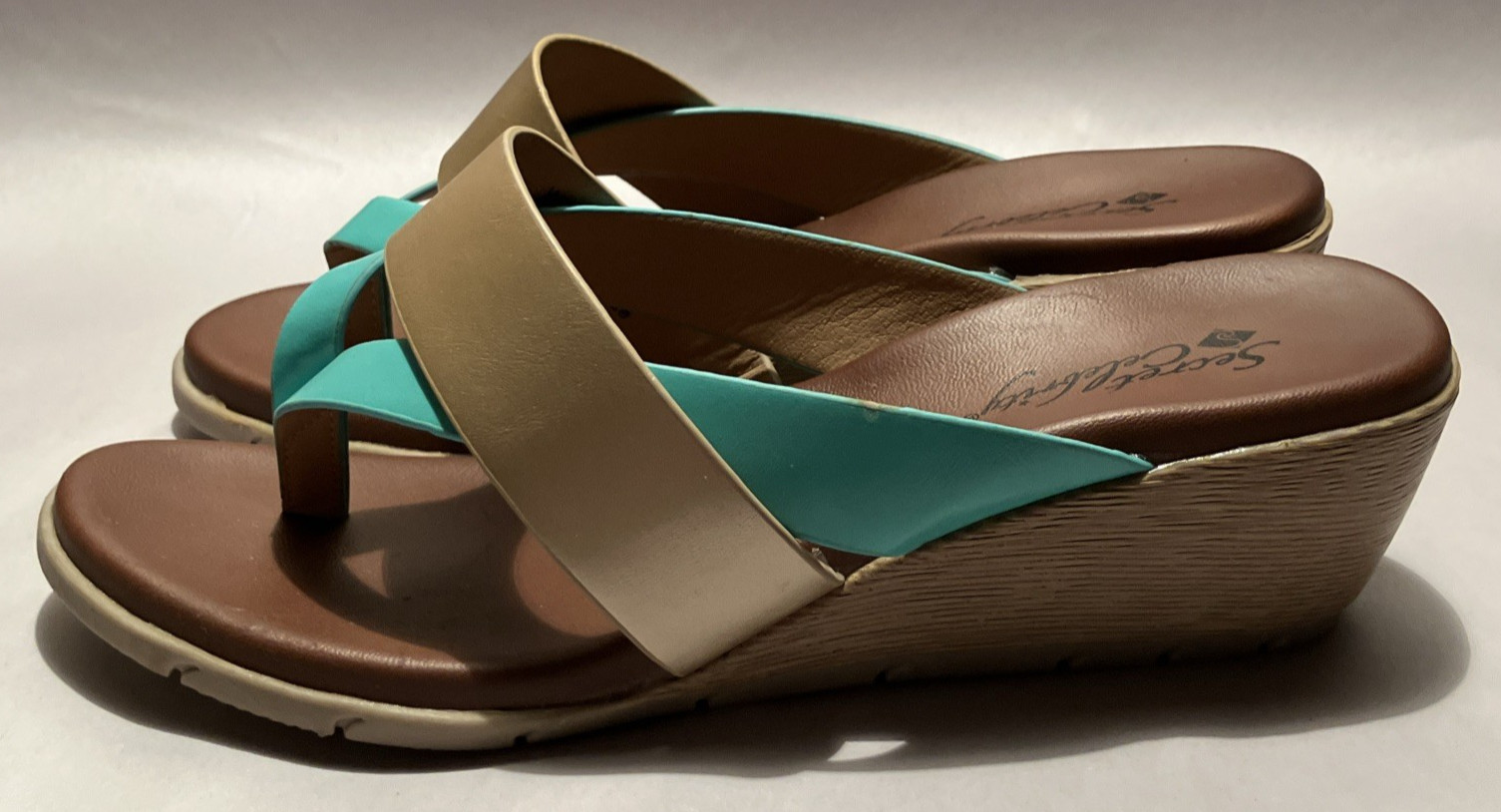 New Secret Celebrity Eclipse Women 8M Turquoise/Gold Strap 2″ Wedge Heel Sandals